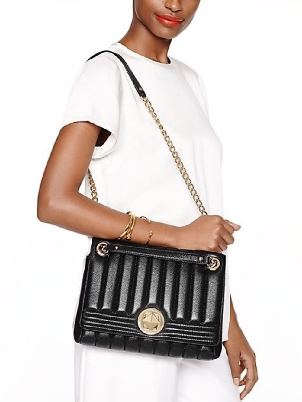 kate spade Black Quilted Shoulder Bag with Gold Chain & Emblem